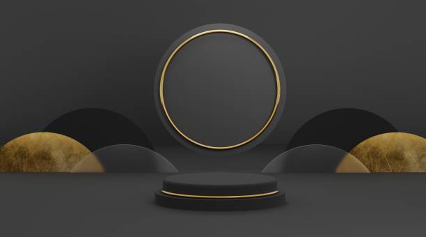 istock 3d illustration rendering black platform ring with dark background for flyer display products design background advertising and etc 1418679608