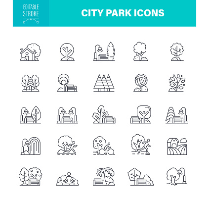 City Park Icon Set. Editable stroke. The set contains icons as Spring, Tree, Fitness, Friendship, Grass, Healthy Lifestyle, Landscape, Nature