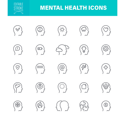 Mental Health Icon Set. Editable stroke. The set contains icons as Thinking, Support, Anxiety, Care, Depression, Emotional Stress, Healthcare, Wellbeing. Vector line icon set appropriate for web and print applications.