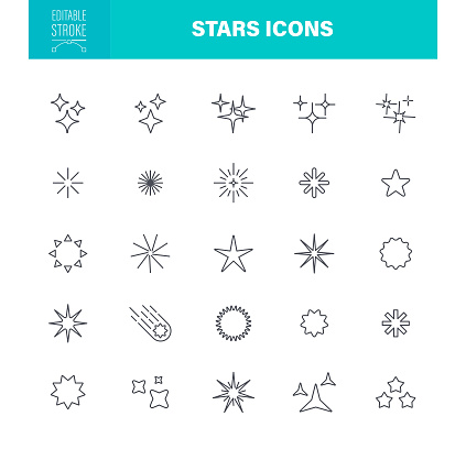 Stars Icon Set. Editable stroke. The set contains icons as Star Shape, Sparkle, Glittering, Glowing, Cleaning