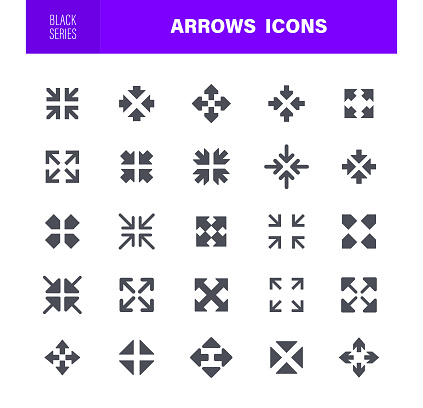 Full Screen and Exit Screen Arrow Icon Set. Contains such icons as Increase, Decrease,  Arrow Symbol, Growth, Full, Four People