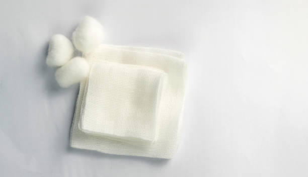 medical gauze with cotton balls top view for dressing wound stock photo