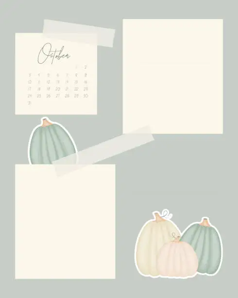 Vector illustration of Reminders calendar October 2022 collage vintage for notes reminder to do list scrapbooking sticker with Pumpkins.