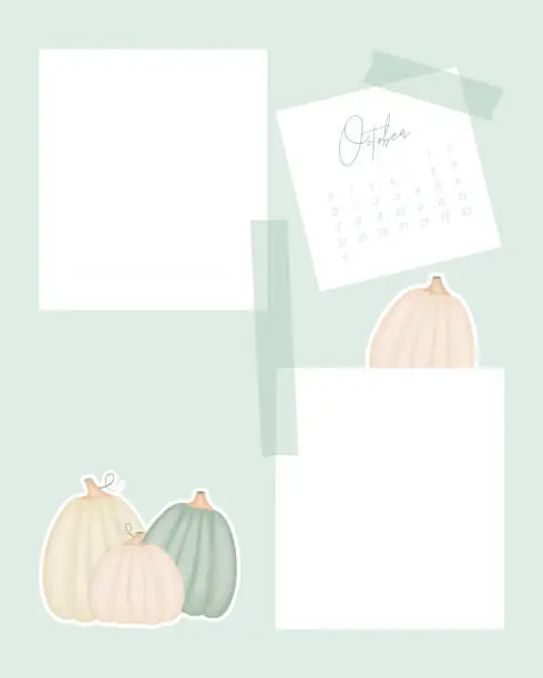 Vector illustration of Reminders calendar October 2022 collage vintage for notes reminder to do list scrapbooking sticker with Pumpkins.