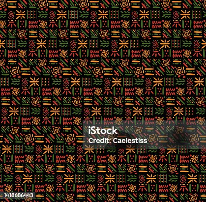 istock African clash ethnic tribal seamless pattern background. Vector red, yellow, green symbols, square repeat lines backdrop for Black History Month, Juneteenth, Kwanzaa print, banner, wallpaper 1418686443