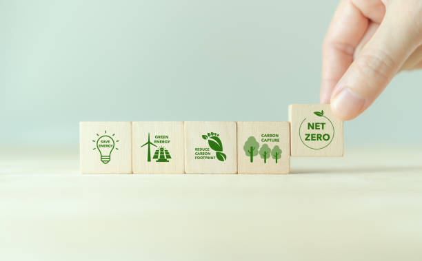 istock Net zero action concept. Save energy, green energy, reduce carbon footprint, carbon capture. Climate neutral long term strategy. Limit  global warming. Putting wooden cubes with green net zero icon 1418687889