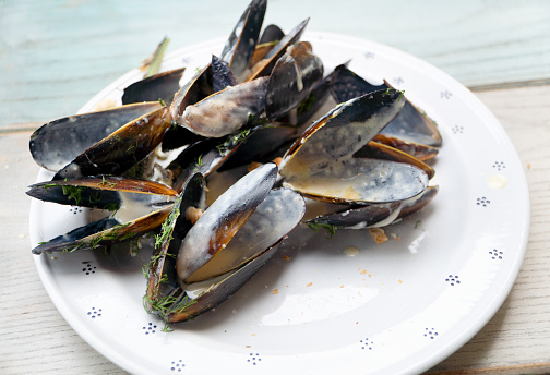 Open cooked mussels seafood - white background