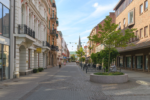 Halmstad, Sweden - August 21, 2022: Kopmansgatan street in Swedish city of Halmstad. This is the famous street in central part of capital of Halland county.