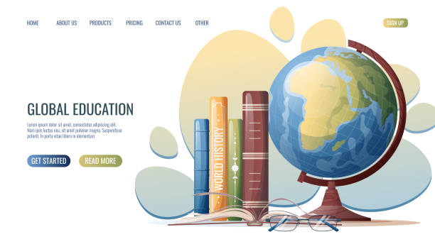 istock landing page template with globe, glasses and stack of textbooks.Back to school landing page template. Flat web banner on white backdrop. Vector flat illustration. Concept web design, website page 1418699981