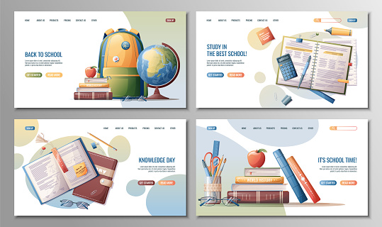 Set of templates web page design. Back to school landing page set. Online learning, education. Background for website. Vector illustration.