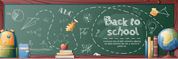 Banner template with school board, globe, briefcase and chalk lettering. Back to school, knowledge day. Banner, poster, brochure, background, etc. Banner template with school board, globe, briefcase and chalk lettering. Back to school, knowledge day. Banner, poster, brochure, background etc learning cartoon stock illustrations