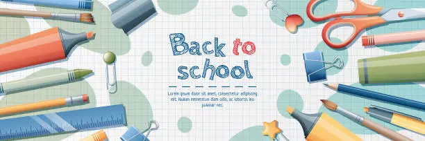 Vector illustration of Back to school banner template. Background with stationery pencils, pen, brush, scissors, paper clips. School theme, knowledge day, study