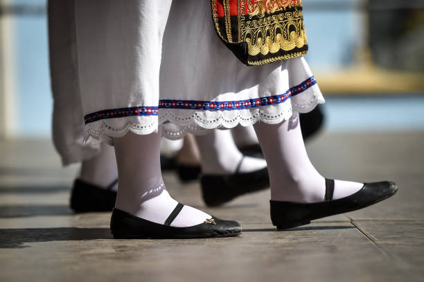 Traditional greek costume detail during a dance performance stock photo