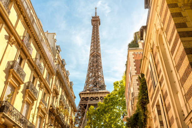 Eiffel Tower Paris with parisian houses architecture stock photo