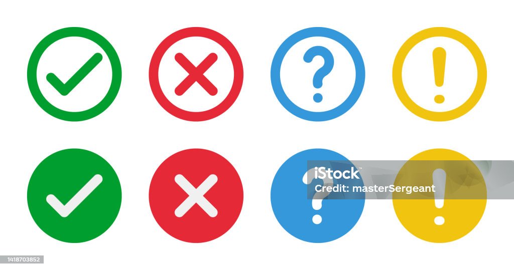 green check and red cross symbols, blue question mark and yellow exclamation point, round thin line vector signs, solid circle icons set - Royalty-free Markeringsteken vectorkunst green check and red cross symbols, blue question mark and yellow exclamation point, round thin line vector signs, solid circle icons set - Royalty-free Markeringsteken vectorkunst