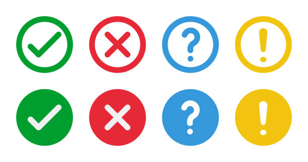 green check and red cross symbols, blue question mark and yellow exclamation point, round thin line vector signs, solid circle icons set green check and red cross symbols, blue question mark and yellow exclamation point, round thin line vector signs, solid circle icons set checkbox stock illustrations