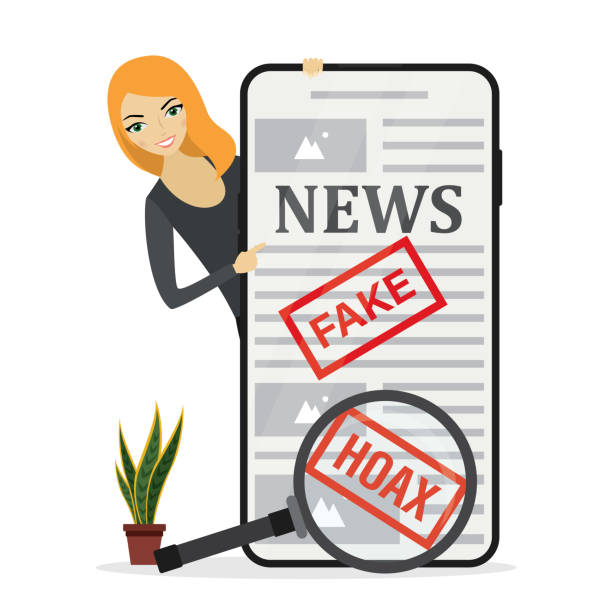 ilustrações de stock, clip art, desenhos animados e ícones de online news with fake articles on mobile phone. woman reader with magnifying glass found lie in the press. consumer found fake news in mobile content. social media with propaganda or hoax. - newspaper the media article backgrounds