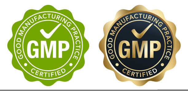 GMP certified badge. Good manufacturing practices GMP certified golden and flat emblem - Good manufacturing practices conforming to the guidelines recommended by agencies that control the authorization practicing stock illustrations