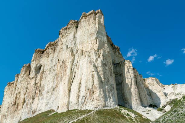 white chalk limestone rock against a blue sky aerial view