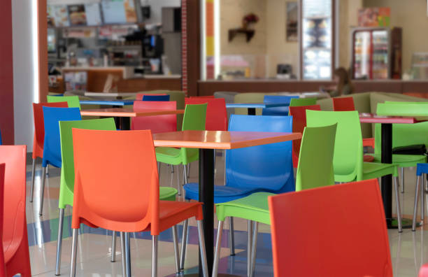 istock Colorful chairs and tables in the cafe.No people, empty interior 1418714668