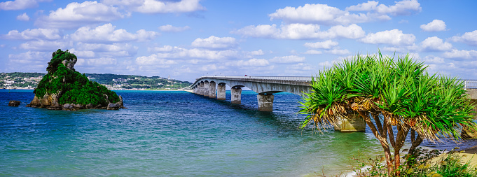 Kouri Bridge connecting Kouri Island and Okinawa main island in Nakijin Village, Kunigami District, Okinawa Prefecture on a sunny day in October 2020