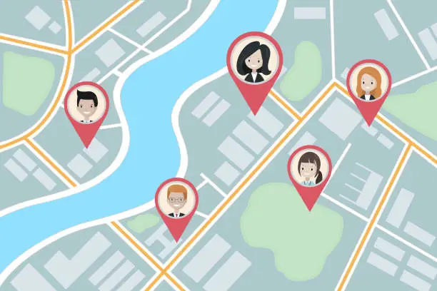 Vector illustration of Map with pin markers showing GPS location of people or friends around the city