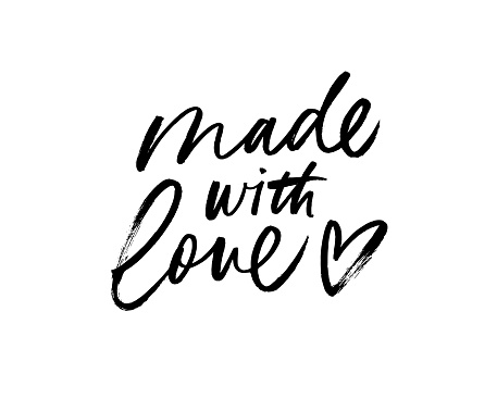 Made with love hand drawn calligraphy. Modern vector ink illustration. Brush calligraphy. Isolated on white background. Made with love lettering with heart symbol. Lettering for your handcrafted goods
