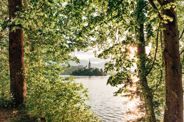 bled lake at dusk in slovenia