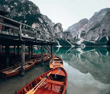 braies lake with wooden boat