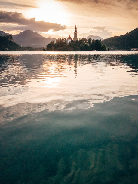 bled lake at dusk in slovenia