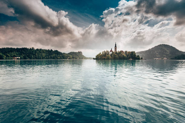 bled lake at dusk in slovenia