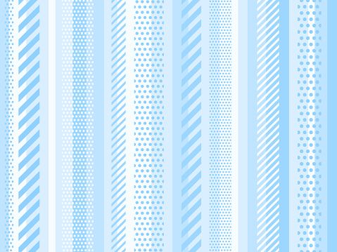 Background illustration of random width vertical light blue stripes with dot and stripe patterns