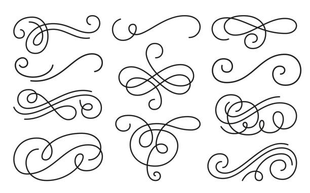 Calligraphic vintage swirl flourish black line set Black line calligraphic vintage swirl set. Classic antique typographic filigree curls. Elegant retro Ink hand drawn swashes. Christmas ornate wedding invitation Victorian style flourish scroll pattern s shape stock illustrations