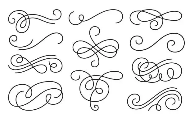 Vector illustration of Calligraphic vintage swirl flourish black line set