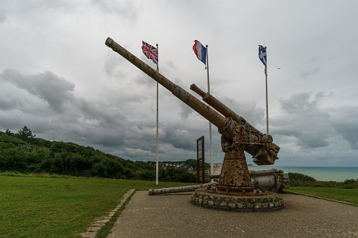 rusty anti aircraft gun from german Wehrmacht as memorial of World War 2, Veules les Roses, Normandy, France