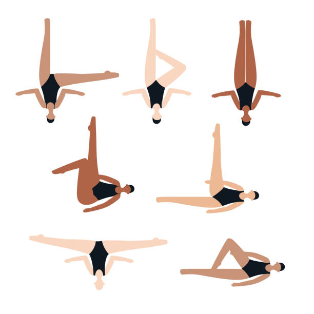 Synchronized swimming. A set with different positions. Isolated flat vector illustration with women, swimmers. Artistic swimming concept. White background. technical routine stock illustrations