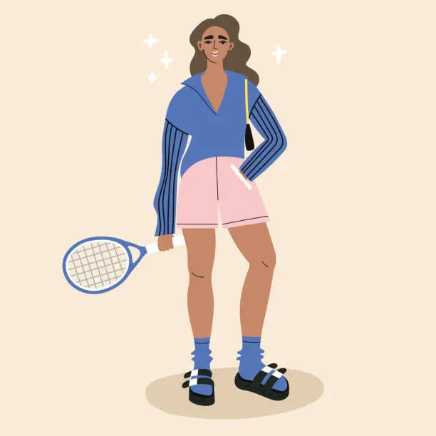 Vector illustration of Cool stylish young Girl with a tennis racquet.