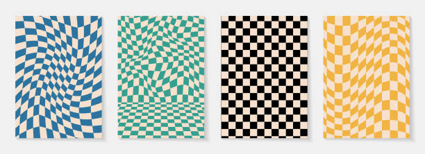 ilustrações de stock, clip art, desenhos animados e ícones de set of checkerboard backgrounds in pale pastel colors. groovy hippie chessboard pattern. retro 60s 70s psychedelic design. gingham vector wallpaper collection for print templates or textile - image created 1960s illustrations