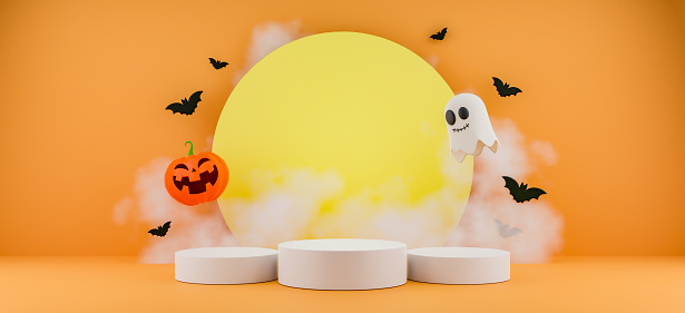 3D Render Happy Halloween Product display stage for presentation banner. Spooky ghost and pumpkin with full moon background