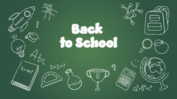 Vector Banner Back to School With Chalk Drawn School Equipment on the Chalkboard. Perfect for Web Sites, Social Media, Printed Materials, etc. Vector Banner Back to School With Chalk Drawn School Equipment on the Chalkboard. Perfect for Web Sites, Social Media, Printed Materials, etc. rocketship patterns stock illustrations