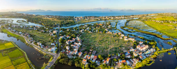 aerial of tra que vegetable village of hoi an ancient town which is a very famous destination. - marble mountains imagens e fotografias de stock