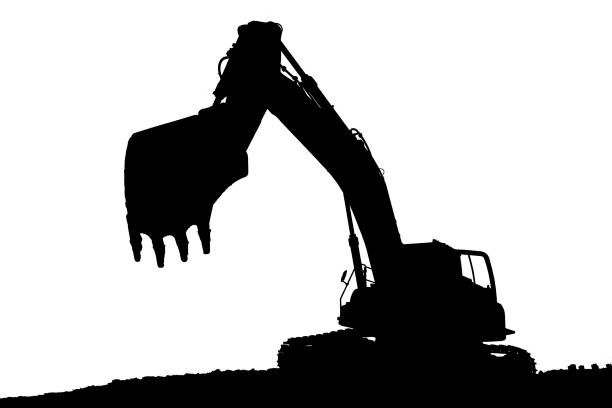 Silhouette of excavator  isolated on white background stock photo