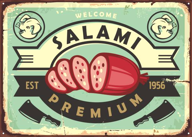 ilustrações de stock, clip art, desenhos animados e ícones de meat delicatessen retro metal sign for butchery shop - pepperoni