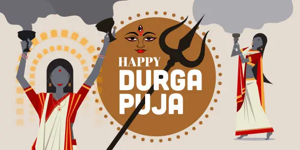 Vector illustration of Devotees performing the traditional 'dhunuchi dance' which was organised at a Durga Puja Pandal