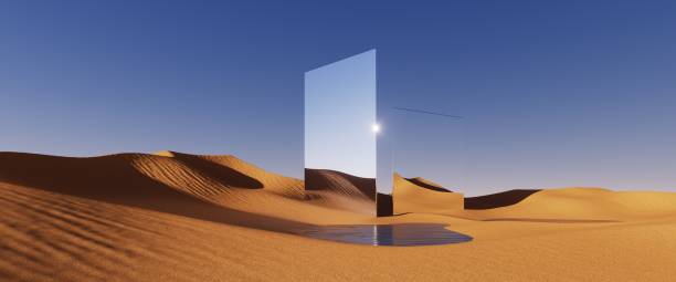 istock 3d render, abstract fantastic panoramic background. Desert landscape with sand water and square mirror under the clear blue sky. Modern minimal aesthetic wallpaper 1418738937