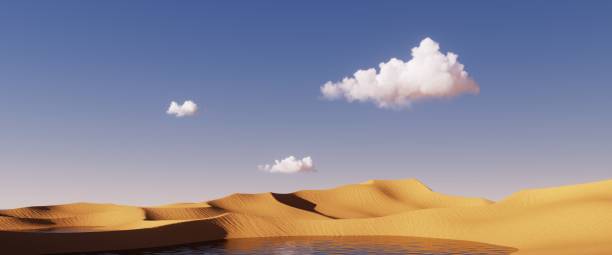 istock 3d render, abstract fantastic panoramic background. Desert landscape with sand water and square mirror under the clear blue sky. Modern minimal aesthetic wallpaper 1418738951