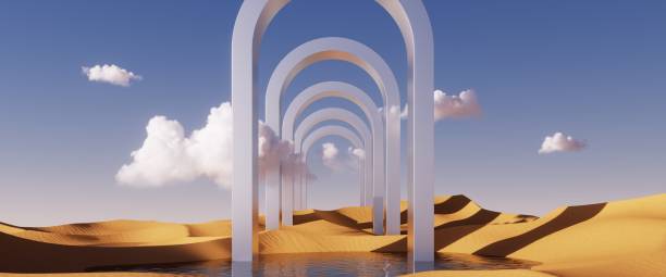istock 3d render, abstract fantastic panoramic background. Desert landscape with sand water and square mirror under the clear blue sky. Modern minimal aesthetic wallpaper 1418738954