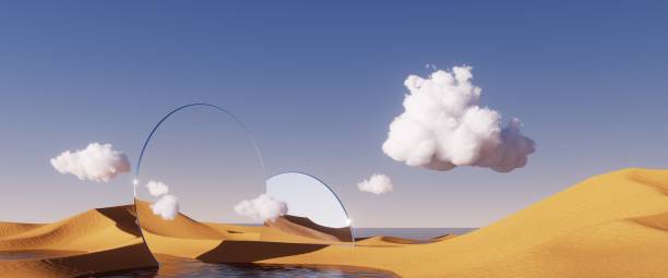 istock 3d render, abstract fantastic panoramic background. Desert landscape with sand water and square mirror under the clear blue sky. Modern minimal aesthetic wallpaper 1418738959