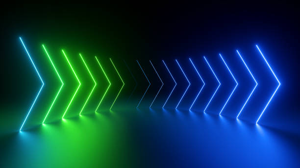 istock 3d render, abstract panoramic neon background with arrows showing right direction, green blue gradient glowing in the dark 1418739013