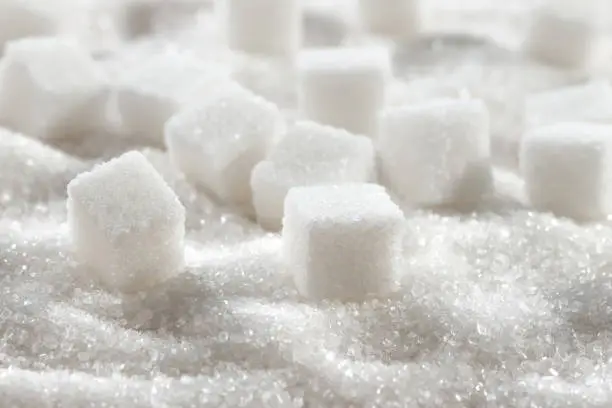 Photo of White granulated sugar and refined sugar cubes close-up